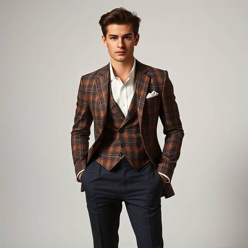 A patterned sport coat paired with contrasting trousers.